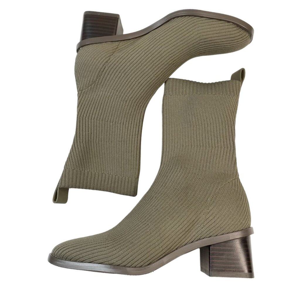 EVERLANE The High Ankle Glove Knit Heeled Square Toe Boots in Caper Green - Picture 5 of 9